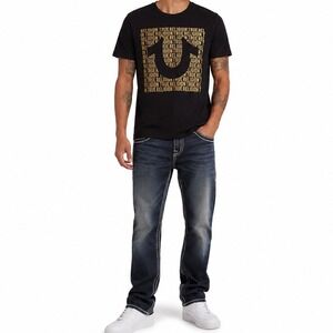 True Religion T-Shirt Mens Large Black Gold Logo Graphic Casual Classic